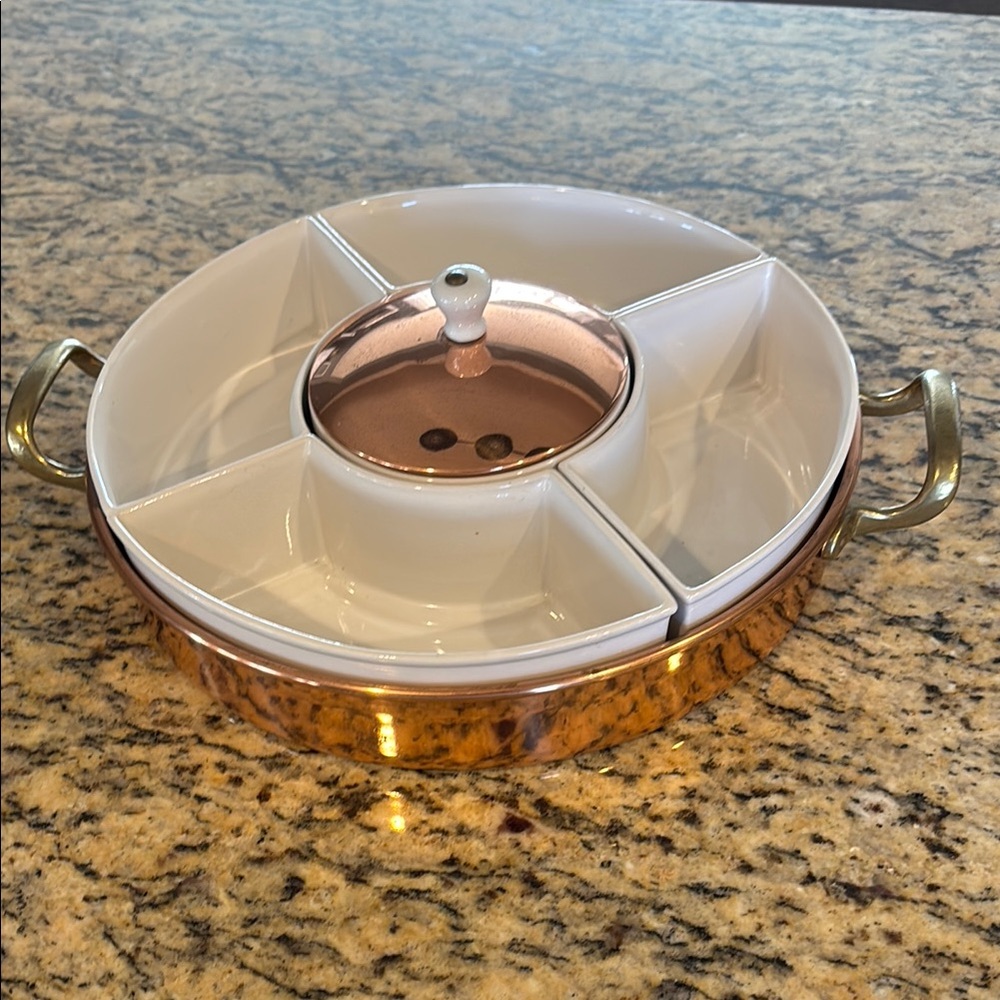 Revere Ware Copper and White Serving Dish with Lid